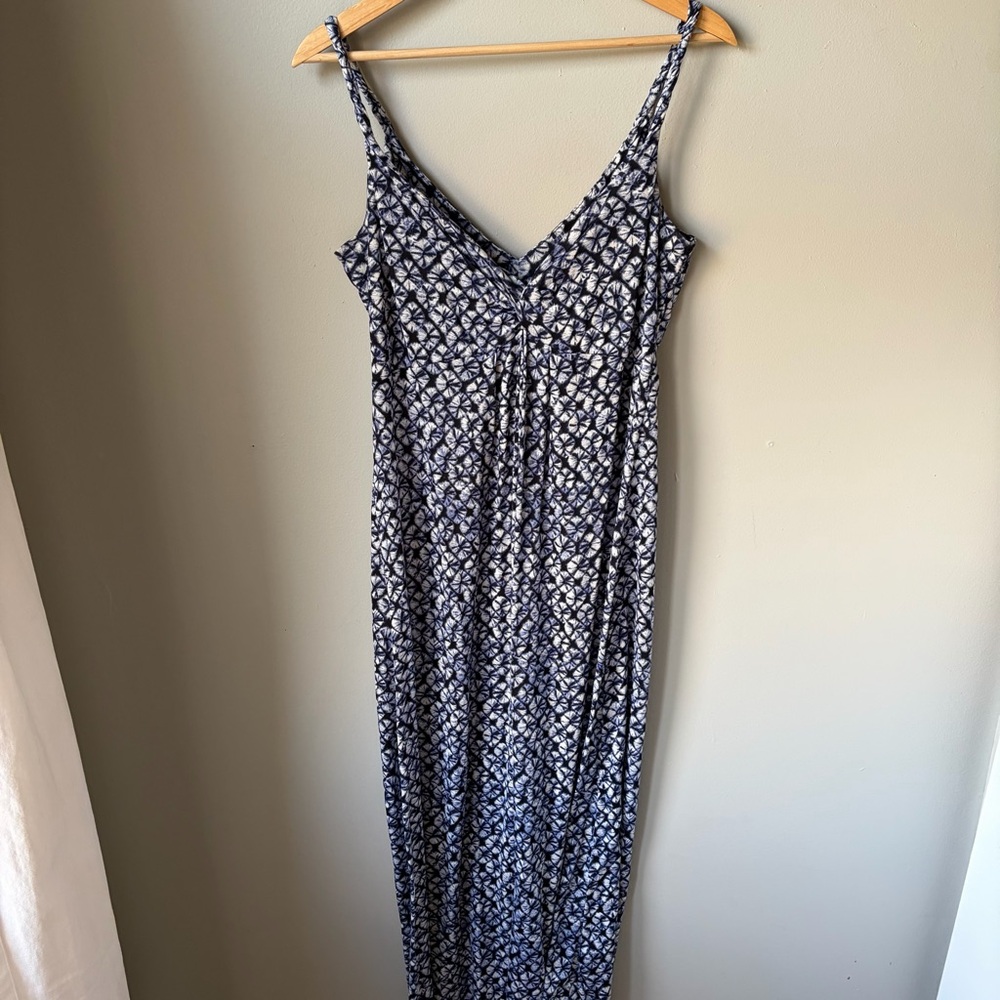 Talbots navy blue white batik tie‎ dye knit Maxi Dress Ladies Size 8 100% Cotton